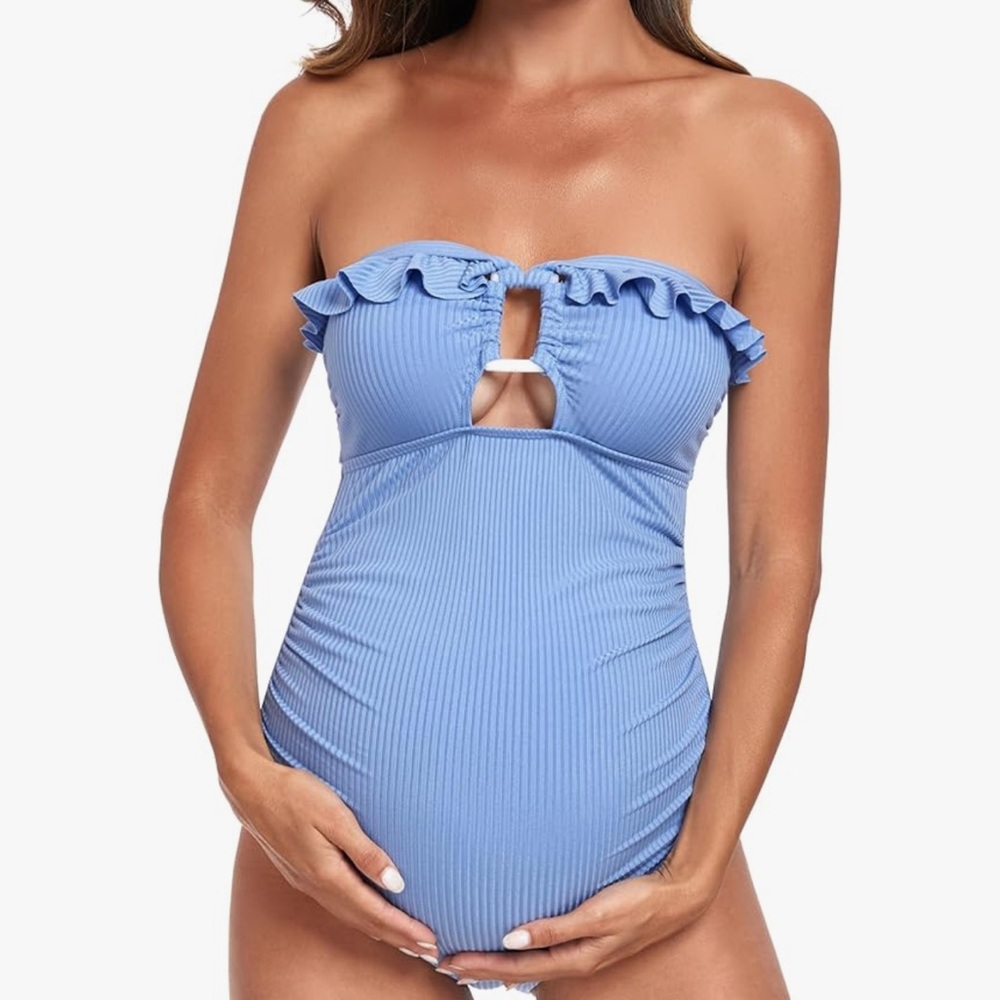 Maternity ribbed ruffle one piece swimsuit
